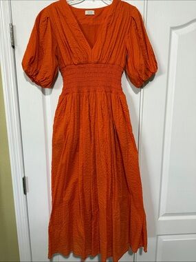 AYR Vibrant Orange V-Neck Maxi Dress with Puff Sleeves